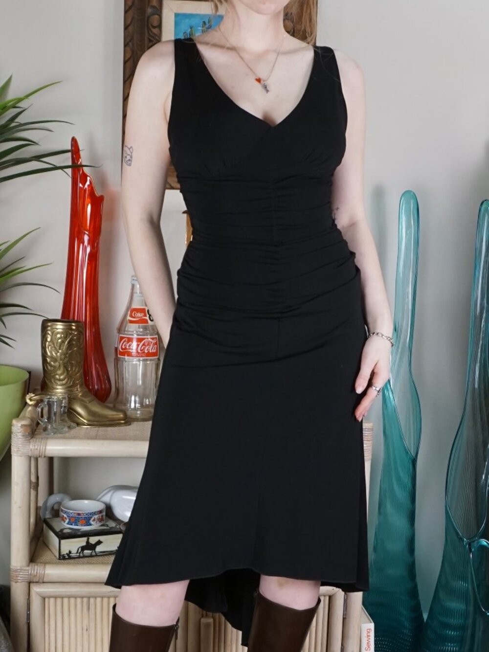 Vintage black ruched hi low racerback dress